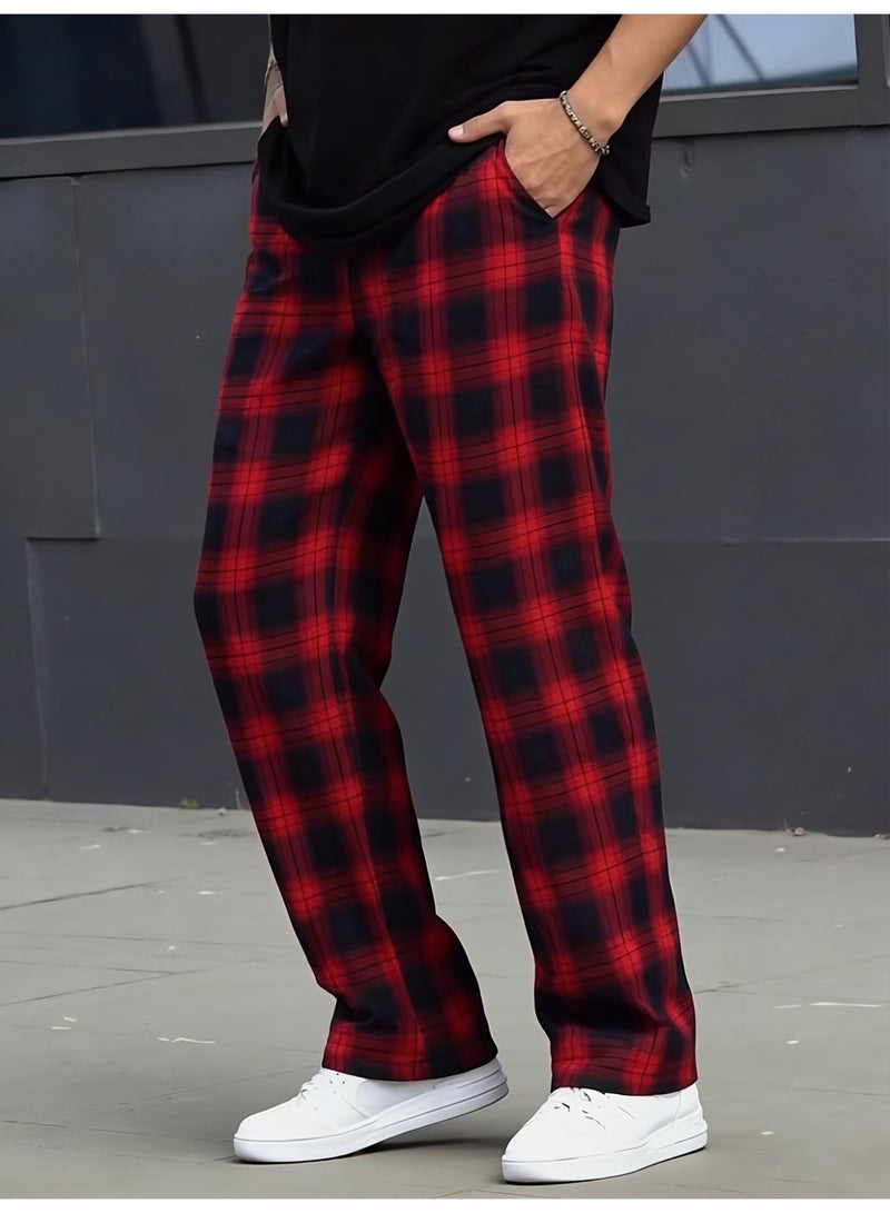 Men's Red Black Plaid Checkered Pants Loose Fit Straight Leg Drawstring Casual Trousers - Image 3