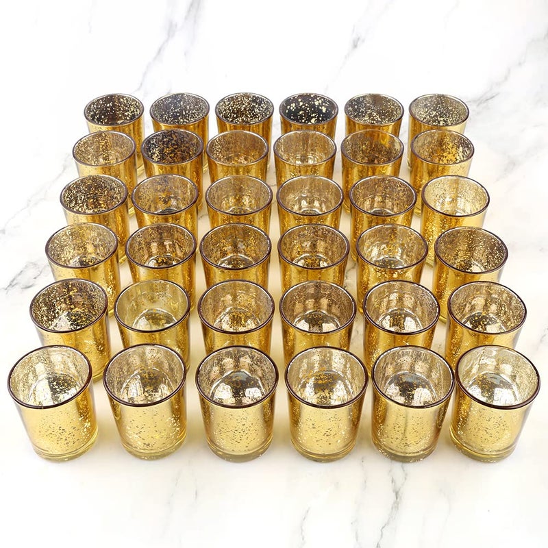 BTGLLAS Gold Mercury Glass Tea Light Holders Set of 36  Elegant Votive Candle Holders for Weddings Showers and Home Decor  Perfect for Table Centerpieces and Parties Glass Gold