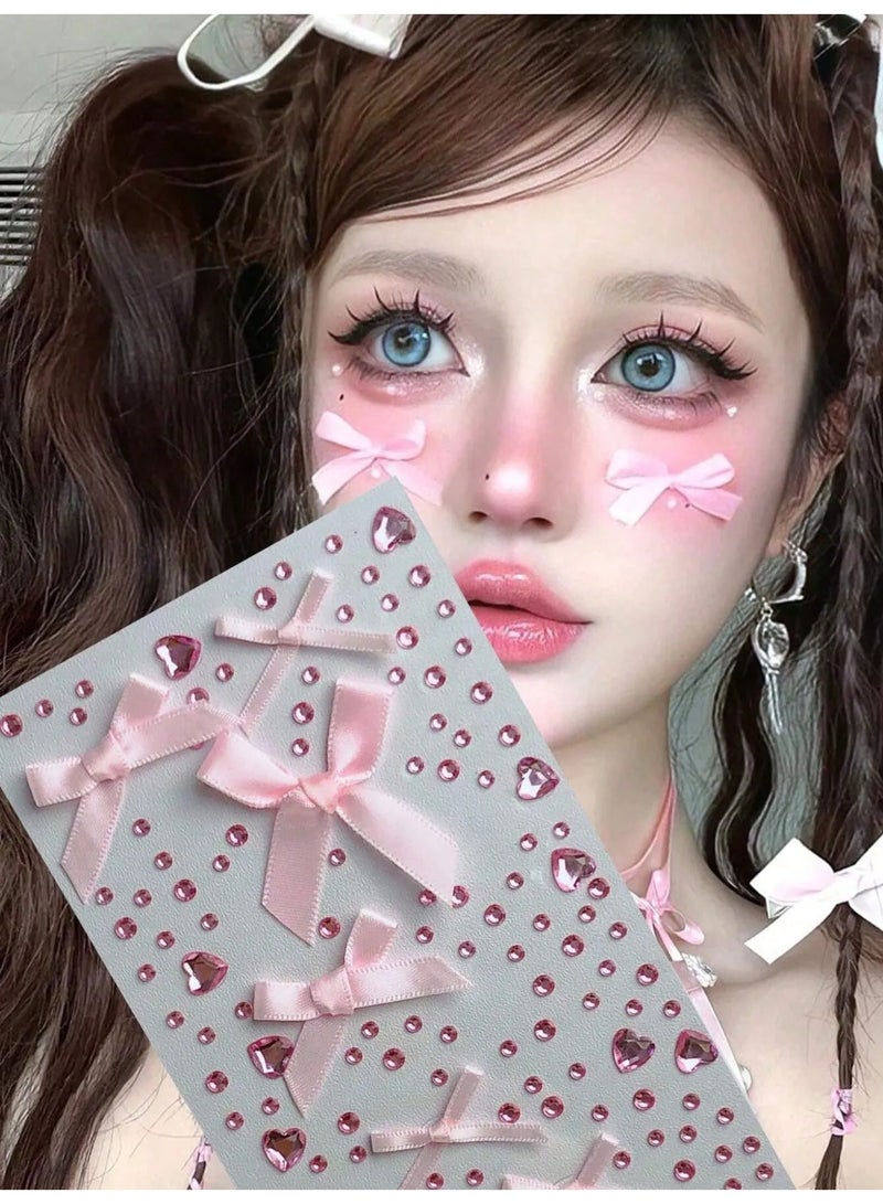 كريستالات وجه ملصقات و اكسسوار وجه من الكريستال باللون الوردي تحتوي على اشكال متعدده منها  كريستالات قلب ، كريستالات دائرية و فيونكات من الساتان   لتزيين الوجه و المكياج - Image 3