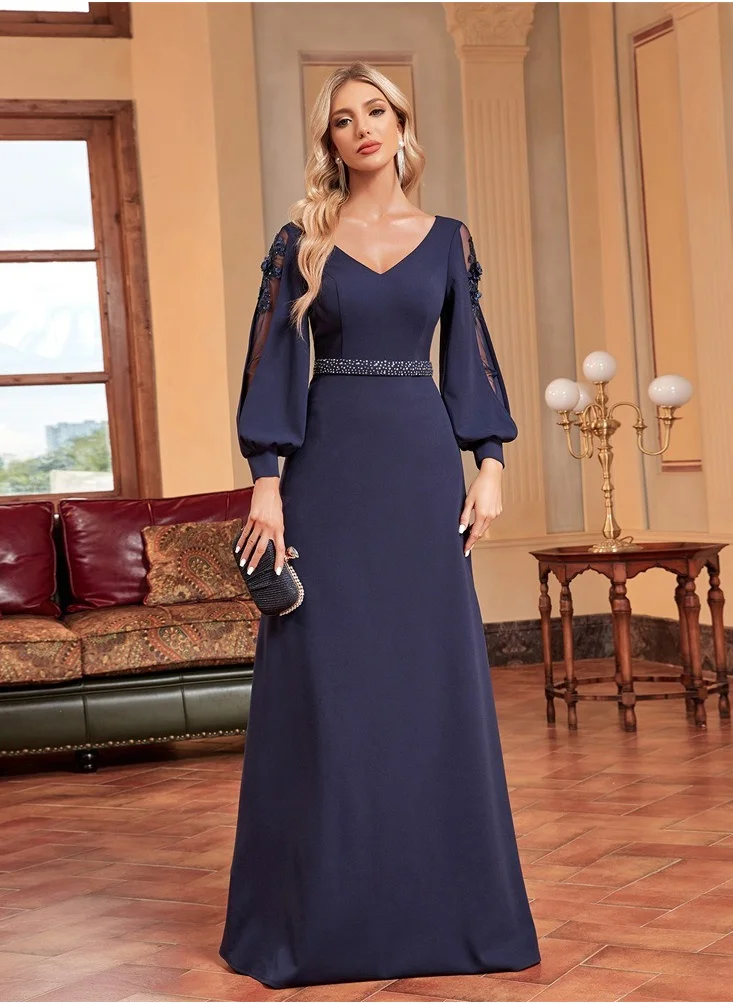 Madam Uniq New European and American Long Sleeve V-Neck Sequin Mermaid Evening Dress for Weddings and Parties
