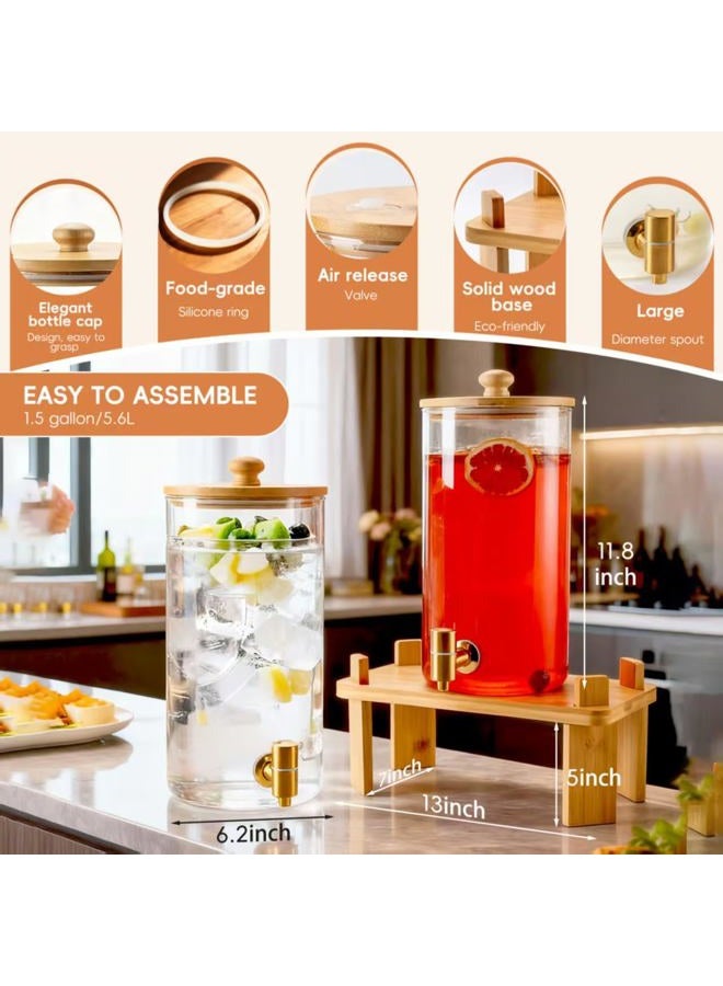 NBNSTHV 1.5 Gallon 2 Pack Glass Drink dispenser,Beverage Dispenser for parties With Wood Stand,Large Water Dispensers with spigot,lemonade dispenser with stand,juice containers & water pitcher with lid - Image 4