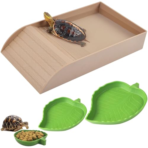 XDONEF 3pcs Tortoise Food Dish with Ramp and Basking Platform Leaf Tortoise Water Food Bowls Reptile Water Dish Turtle Reptile Pool for Amphibians Brown - Image 1