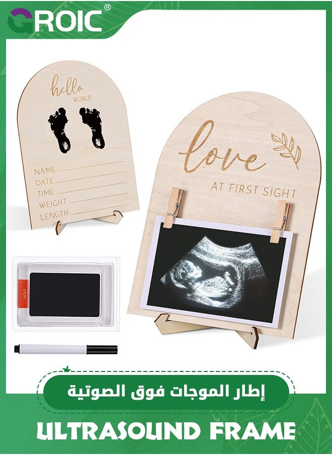 GROIC Wooden Supersonic Wave Photo Frame, Pregnancy Announcement Supersonic Wave Photo Frame with Ink Pad and Pen Nursery Room Decor Supersonic Wave Photo Frame and Pregnancy Gift BaBy Gifts  - Image 1