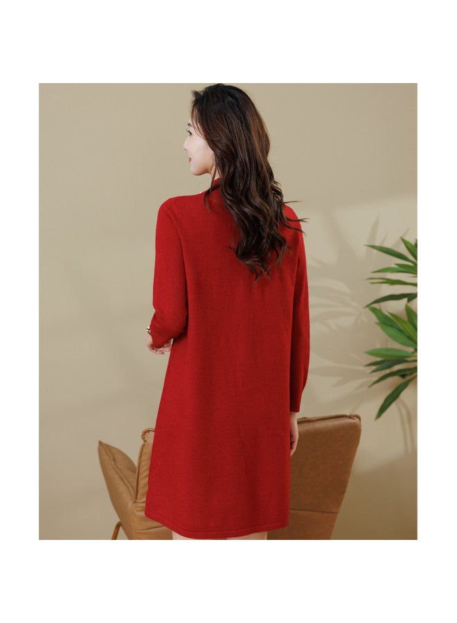 Tucano فستان نسائي بأكمام شتوية مزين بالخرز، زي والدة العروس، تنورة على شكل حرف A مزينة بحجر الراين، فستان سميك محبوك - Image 3