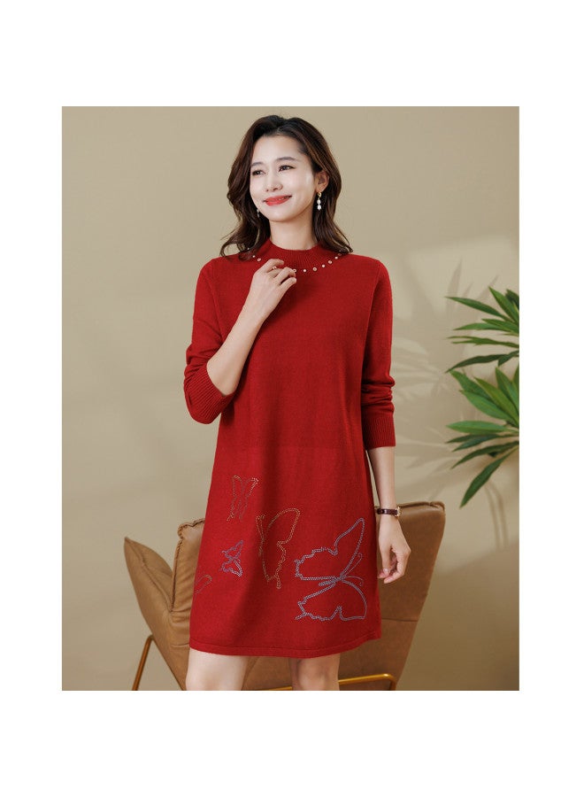 Tucano فستان نسائي بأكمام شتوية مزين بالخرز، زي والدة العروس، تنورة على شكل حرف A مزينة بحجر الراين، فستان سميك محبوك - Image 5