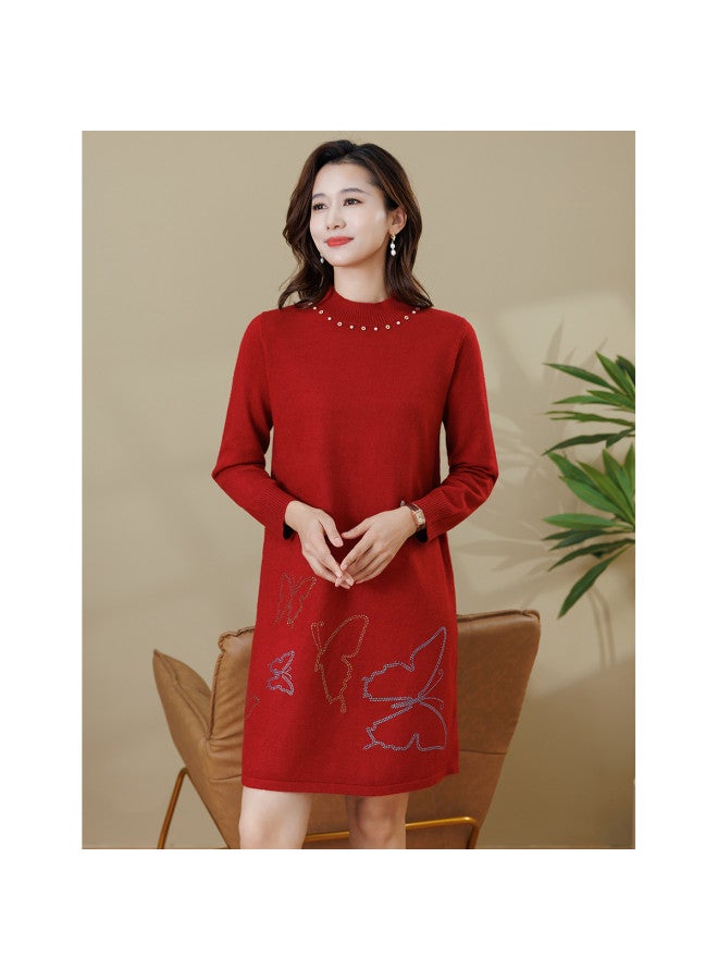 Tucano فستان نسائي بأكمام شتوية مزين بالخرز، زي والدة العروس، تنورة على شكل حرف A مزينة بحجر الراين، فستان سميك محبوك - Image 2