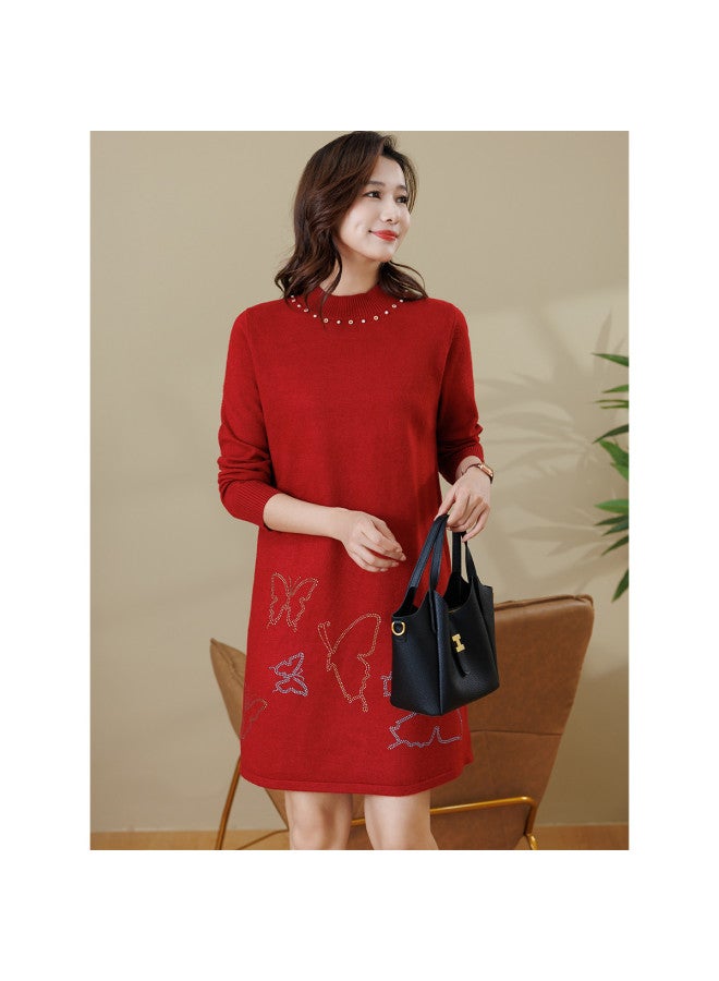 Tucano فستان نسائي بأكمام شتوية مزين بالخرز، زي والدة العروس، تنورة على شكل حرف A مزينة بحجر الراين، فستان سميك محبوك - Image 4