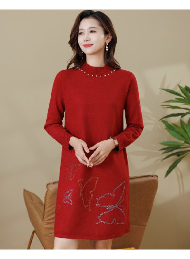 Tucano فستان نسائي بأكمام شتوية مزين بالخرز، زي والدة العروس، تنورة على شكل حرف A مزينة بحجر الراين، فستان سميك محبوك - Image 1