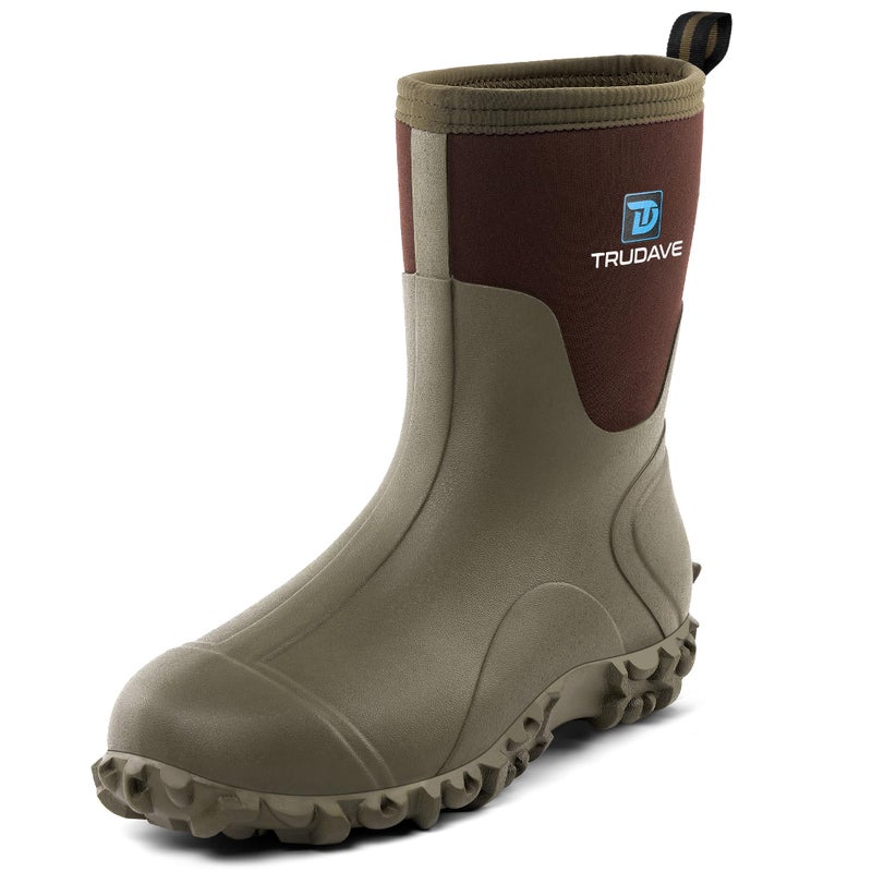Trudave Rubber Boots for Men, 6mm Neoprene Insulated Mud Boots with Steel Shank, Men's Mid Calf Waterproof Rain Boots,Anti-Slip Rubber Work Boots for Farming Gardening Fishing, Olive Green, Size 7 - Image 1