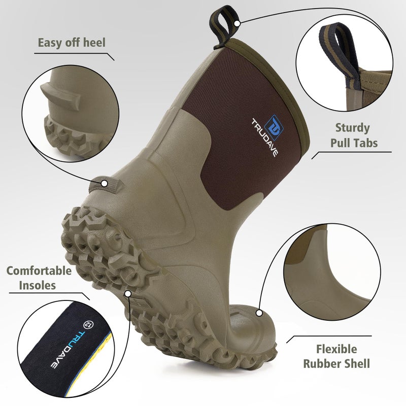 Trudave Rubber Boots for Men, 6mm Neoprene Insulated Mud Boots with Steel Shank, Men's Mid Calf Waterproof Rain Boots,Anti-Slip Rubber Work Boots for Farming Gardening Fishing, Olive Green, Size 7 - Image 5