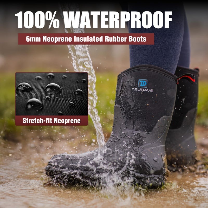 Trudave Rubber Boots for Men, 6mm Neoprene Insulated Mud Boots with Steel Shank, Men's Mid Calf Waterproof Rain Boots,Anti-Slip Rubber Work Boots for Farming Gardening Fishing, Olive Green, Size 7 - Image 3