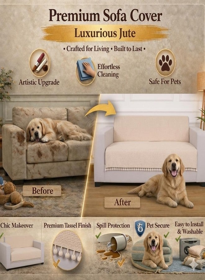 STITCHNEST غطاء أريكة من الجوت من ستيتشنست - بيج، 70 × 60 بوصة | قماش ناعم الملمس مع شرابة | غطاء كامل للأريكة لتزيين غرفة المعيشة - Image 4