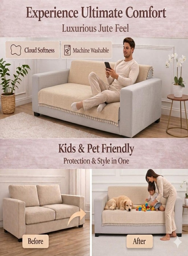 STITCHNEST غطاء أريكة من الجوت من ستيتشنست - بيج، 70 × 60 بوصة | قماش ناعم الملمس مع شرابة | غطاء كامل للأريكة لتزيين غرفة المعيشة - Image 3