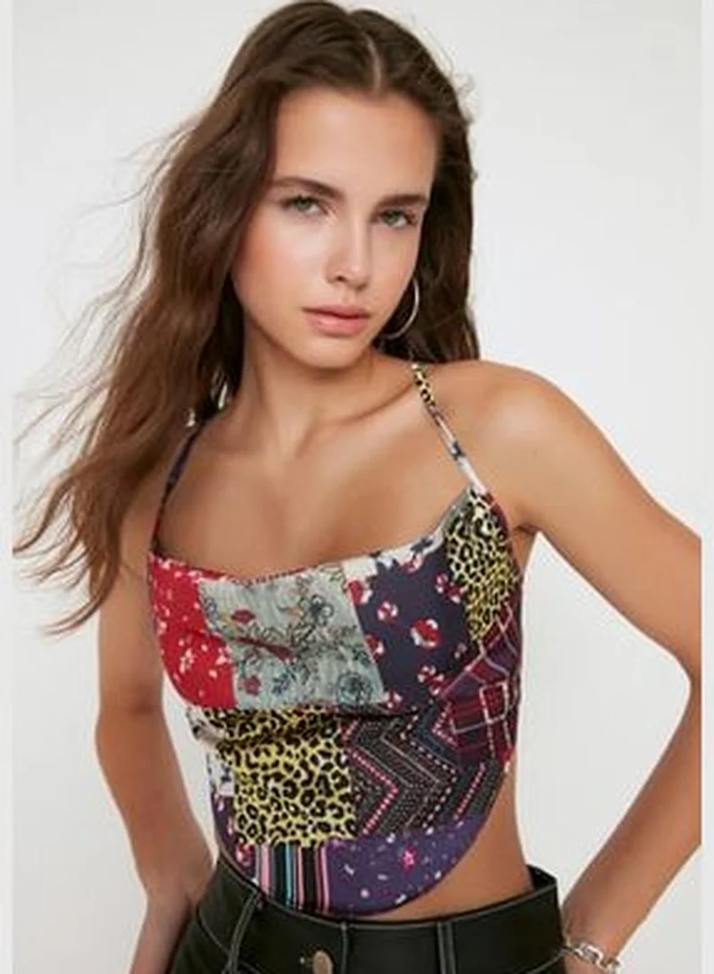 trendyol Limited Edition Brown Woven Tie Back Detailed Satin Shawl Pattern Blouse TWOSS21BZ1903