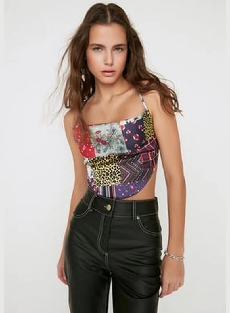 trendyol Limited Edition Brown Woven Tie Back Detailed Satin Shawl Pattern Blouse TWOSS21BZ1903