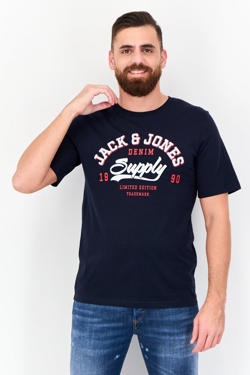 Jack Jones Men Round Neck Short Sleeves Graphic Print T-Shirt, Navy  - Image 1
