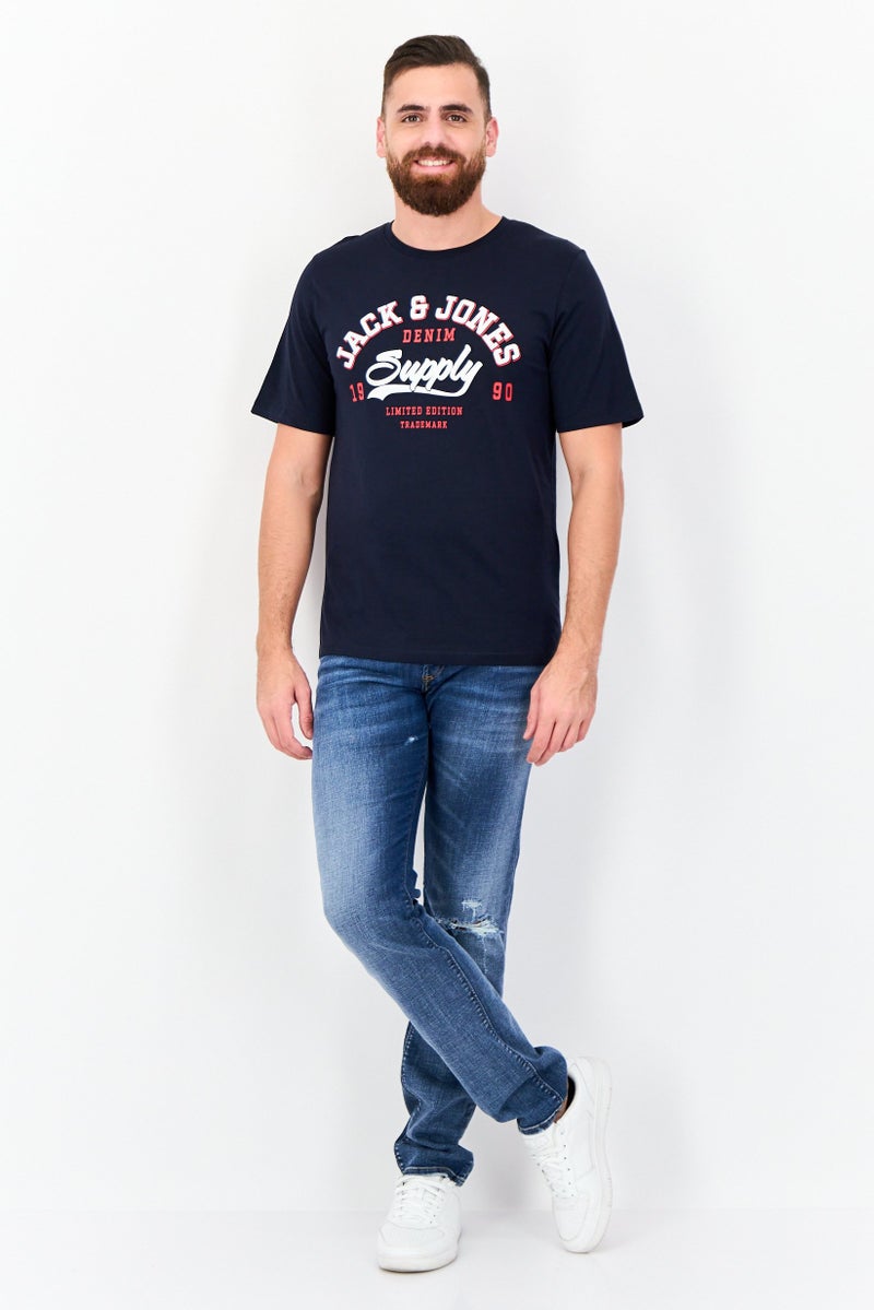 Jack Jones Men Round Neck Short Sleeves Graphic Print T-Shirt, Navy  - Image 2