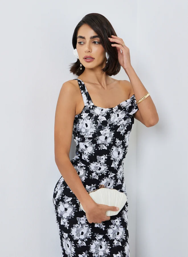Styli  Black One-Shoulder Floral Lace Maxi Dress for Women | Best Price UAE