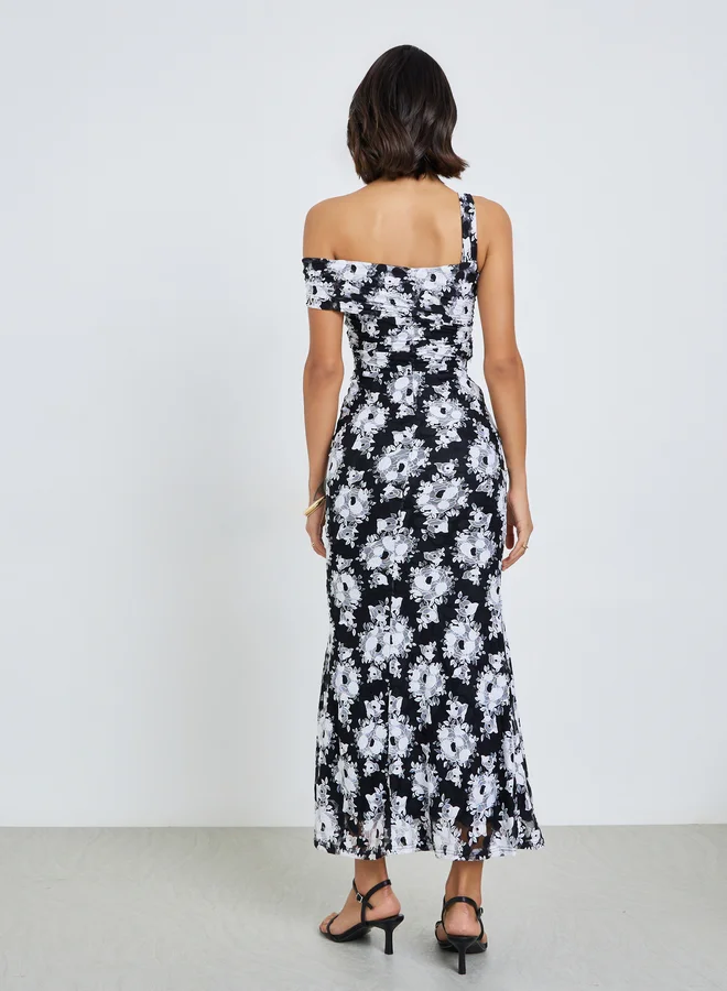 Styli  Black One-Shoulder Floral Lace Maxi Dress for Women | Best Price UAE