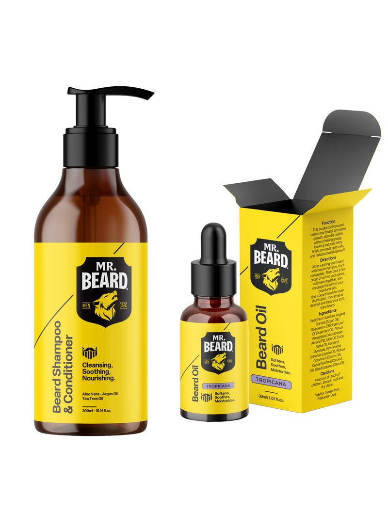 Mr.Beard Bundle – Beard Shampoo & Conditioner 2-in-1 (300ml) + Tropicana Beard Oil (30ml) - Image 1