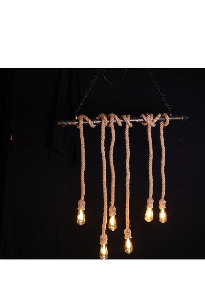 BTM Rustic 6-Light Rope Chandelier – Horizontal Aqal-Inspired Pendant Light – Edison Bulbs for Majlis & Cafés (220V)  - Image 1