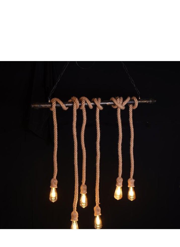 BTM Rustic 6-Light Rope Chandelier – Horizontal Aqal-Inspired Pendant Light – Edison Bulbs for Majlis & Cafés (220V)  - Image 2