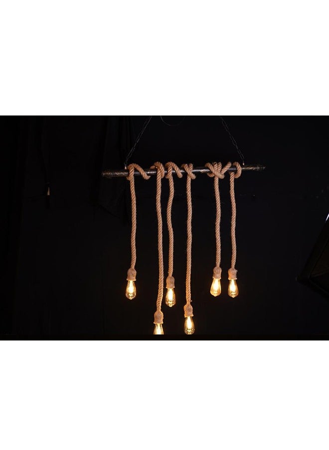 BTM Rustic 6-Light Rope Chandelier – Horizontal Aqal-Inspired Pendant Light – Edison Bulbs for Majlis & Cafés (220V)  - Image 4