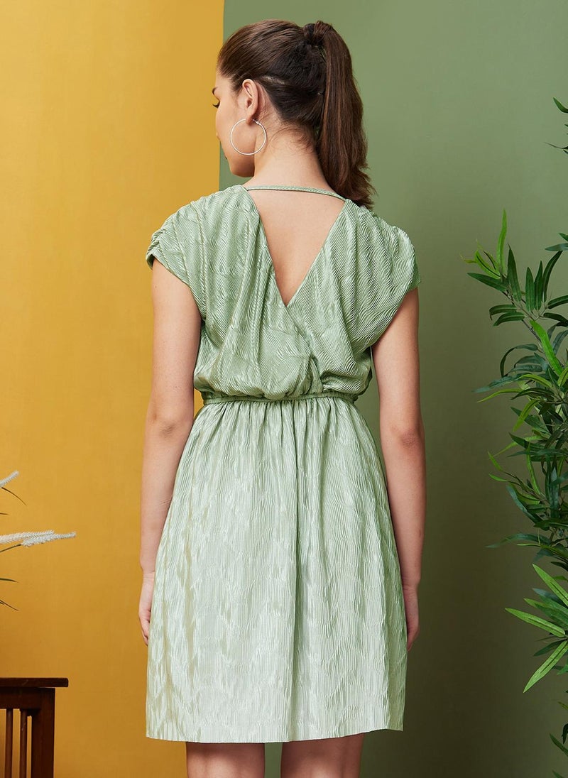 Globus Women's Light Green Casual Fit & Flare Dress with Wrap-Neck and Self Design - Image 4