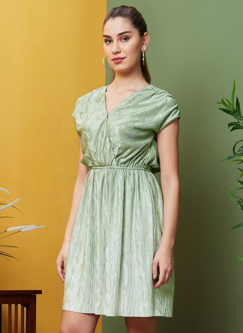 Globus Women's Light Green Casual Fit & Flare Dress with Wrap-Neck and Self Design - Image 3