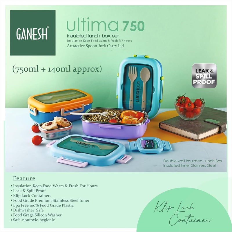 GANESH صندوق غداء غانيش ألتيمات المعزول محكم الإغلاق ضد التسرب للمكتب والمدرسة والنزهات - 750 مل - قد يختلف اللون - Image 5