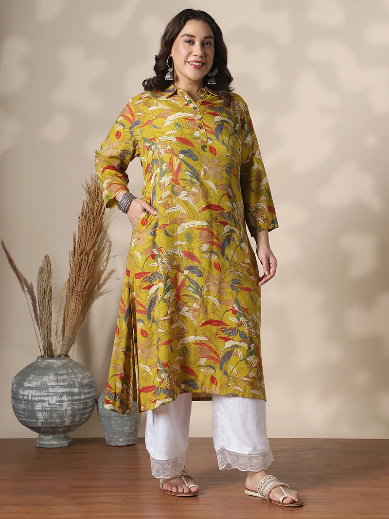 Globus Gloplus Women Yellow Shirt Collar Gold Foil Floral Print Button Detail Straight Plus Size Kurta