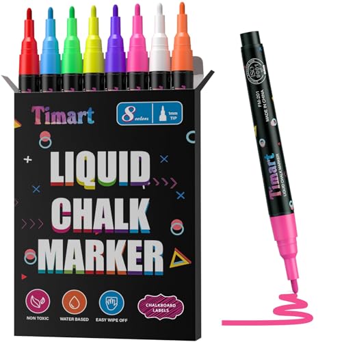 Timart Extra Fine Tip Chalk Markers (8 Pack 1mm Point), Liquid Chalk Pens - Dry Erase Marker Pens for Blackboard, Chalkboards, Windows, Glass, Bistro, Cars, Signs, Chalkboard Labels Included - Image 1