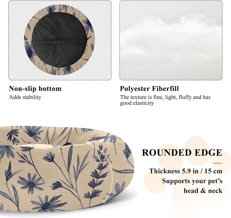 Watercolor Flowers Donut Dog Bed Removable and Washable Small Round Dog Beds Cat Bed Fluffy Super Soft Comfort Pet Bed with Anti-Slip Bottom for Small Medium Dogs Cats 13in - Image 5