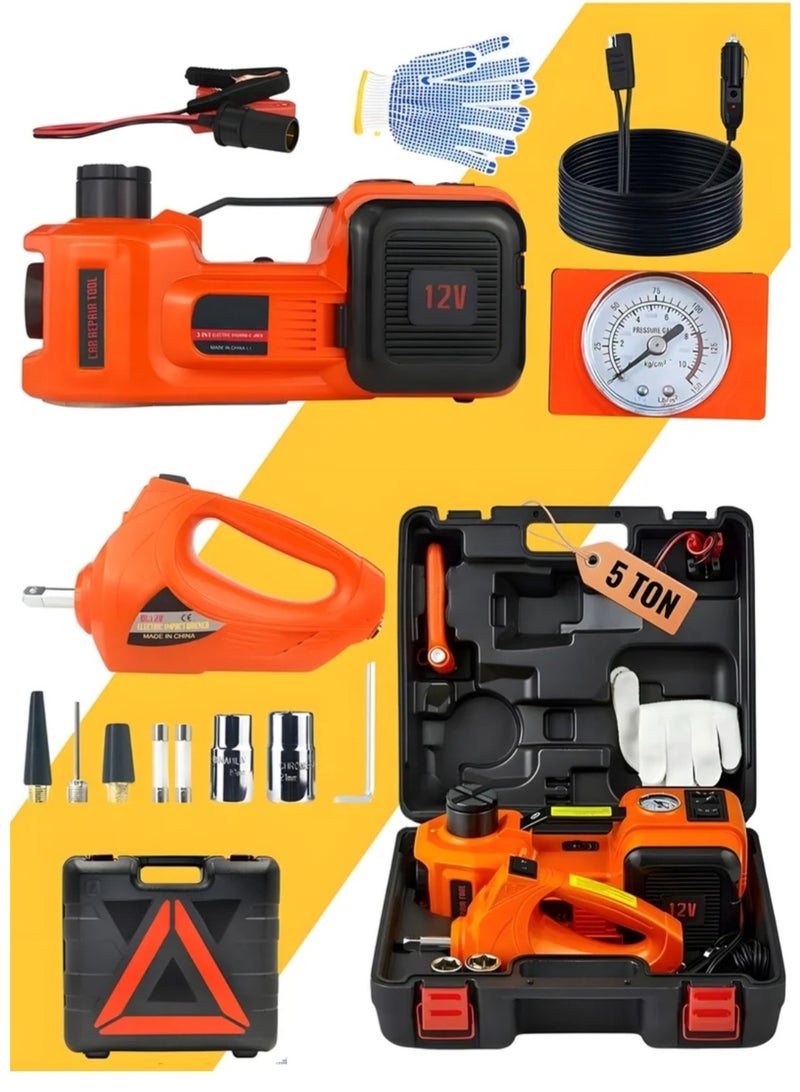 Toby's 12V 5 Ton Car Electro-Hydraulic Jack Set with Air Pump, 4-in-1 Electric Car Jack Kit, Automatic Lift, Impact Wrench, LED Light, Portable Emergency Roadside Tire Changing Tool, Heavy Duty for SUV Sedan MPV - Image 1
