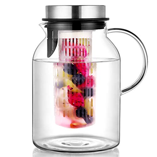 Glass Water Pitcher Fruit Infuser Pitcher with Removable Lid High Heat Resistance Infusion Carafe for HotCold Water FlavorInfused Beverage Iced Tea 2 Qt