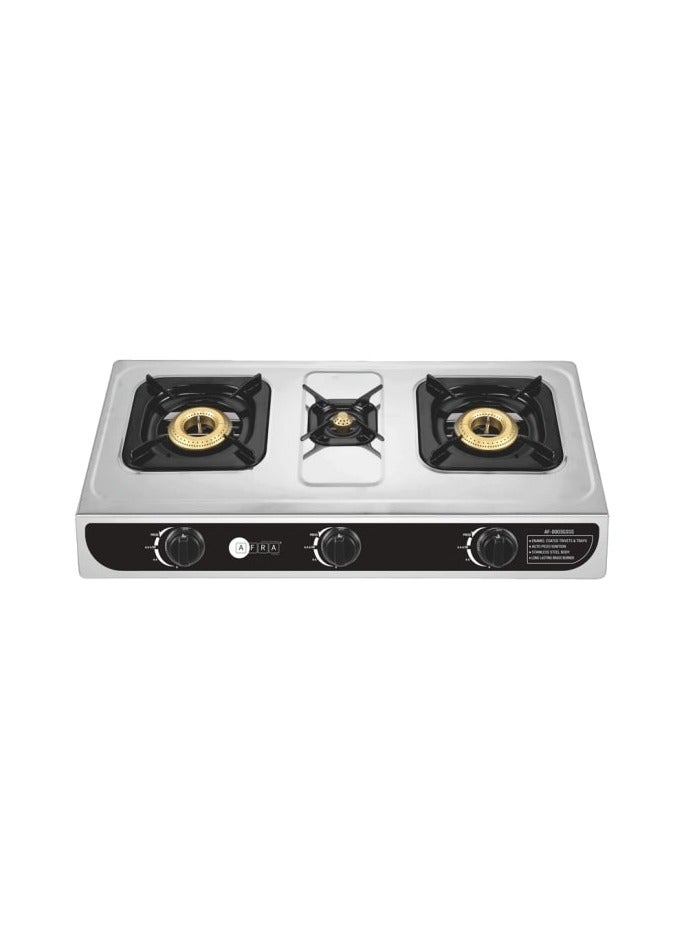 Japan Three Burner Gas Stove,  Three Burners, Battery Powered Ignition, Tempered Glass Top, Stainless Steel, Double Injection, G-MARK, ESMA, ROHS, and CB Certified, 2 years warranty AF-0003GSSS Silver