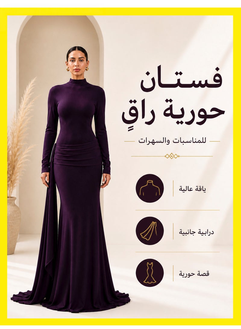 موقف حياة السيدة فستان طويل بنفسجي بتصميم حورية بخصر مجعد، فستان رسمي أنيق بياقة عالية وأكمام طويلة للزفاف والحفلات ورمضان والعيد - Image 3