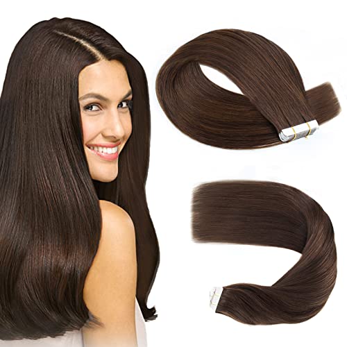 Sassina Remy Human Hair Tape in Extensions  20 Inch Dark Brown Long Straight Invisible Skin Weft  50 Gram Semipermanent 20 Pcs 2