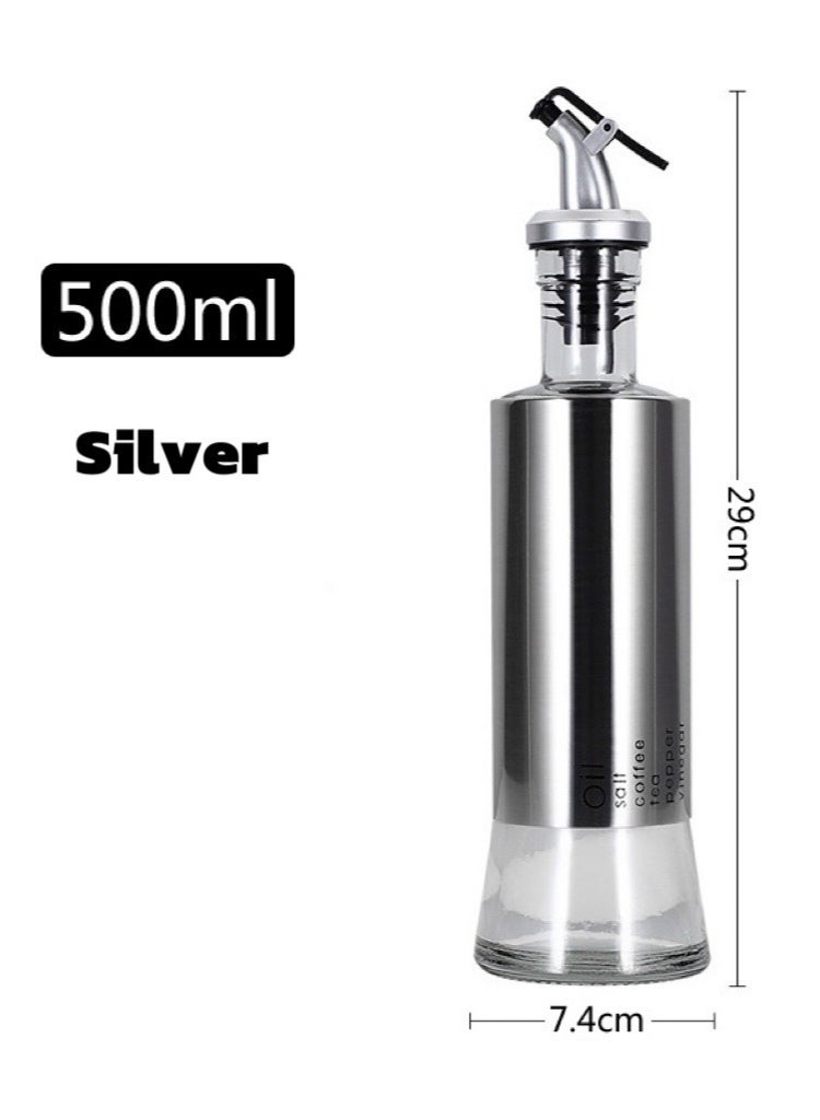 500ml Glass Oil & Vinegar Dispenser Bottles with Stainless Steel Spout, Leak-Proof, for Kitchen Cooking & BBQ,  Silver - Image 5