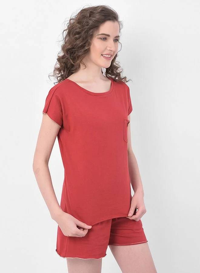 كلوفيا Clovia Chic Basic Top & Shorts Set in Red- 100% Cotton