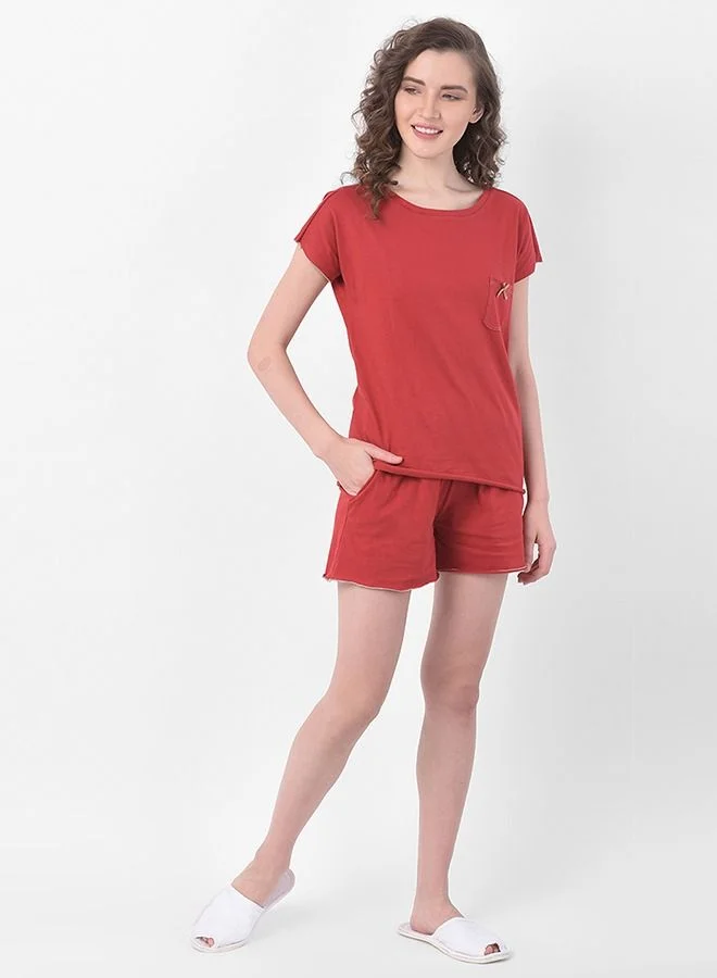 كلوفيا Clovia Chic Basic Top & Shorts Set in Red- 100% Cotton