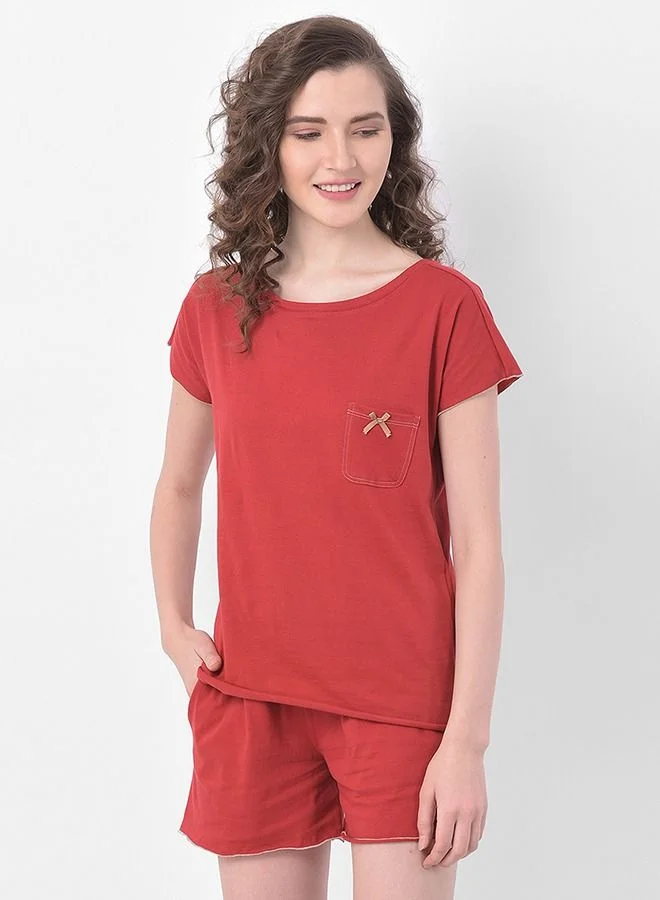 كلوفيا Clovia Chic Basic Top & Shorts Set in Red- 100% Cotton