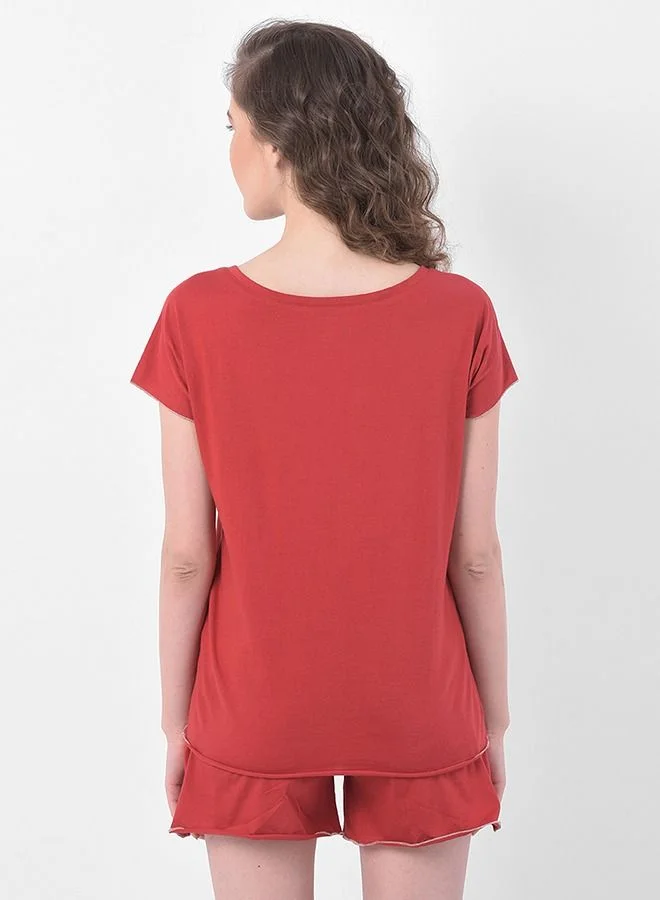 كلوفيا Clovia Chic Basic Top & Shorts Set in Red- 100% Cotton