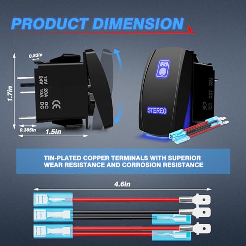 MICTUNING LS083601JL Laser Stereo Rocker Switch Kit, On/Off LED Light, 20A 12V, Blue - Image 3