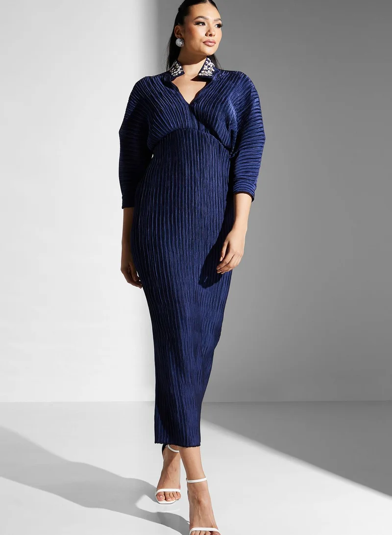 Threadz by Ajooni Plisse Plunge Neck Balloon Sleeve Dress