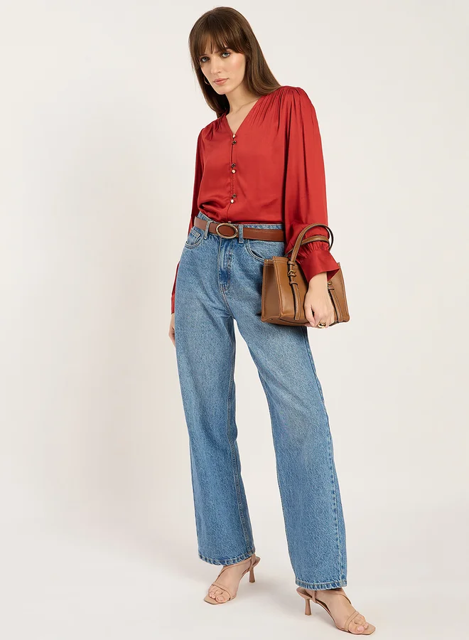 Femmella Femmella Rust Dual Button Detail V Neck Top