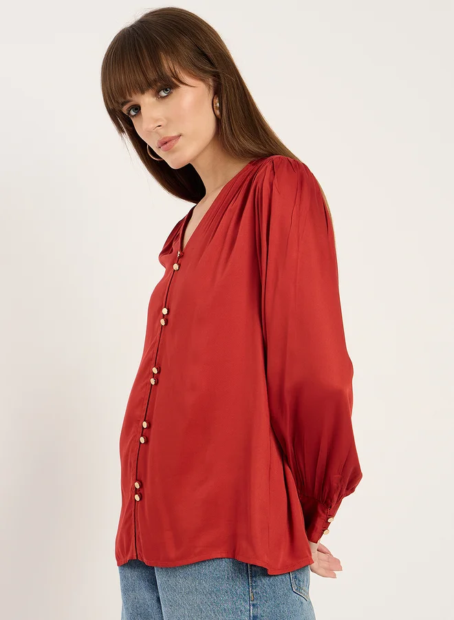 Femmella Femmella Rust Dual Button Detail V Neck Top