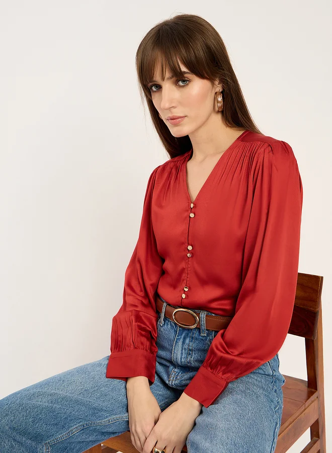 Femmella Femmella Rust Dual Button Detail V Neck Top