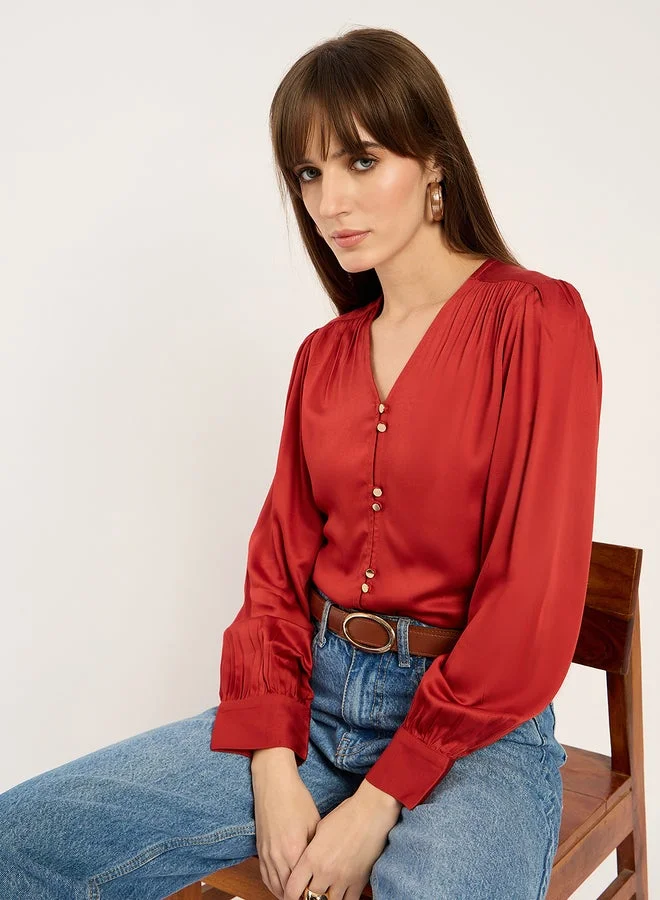 Femmella  Femmella Rust Dual Button Detail V Neck Top for Women | Best Price UAE