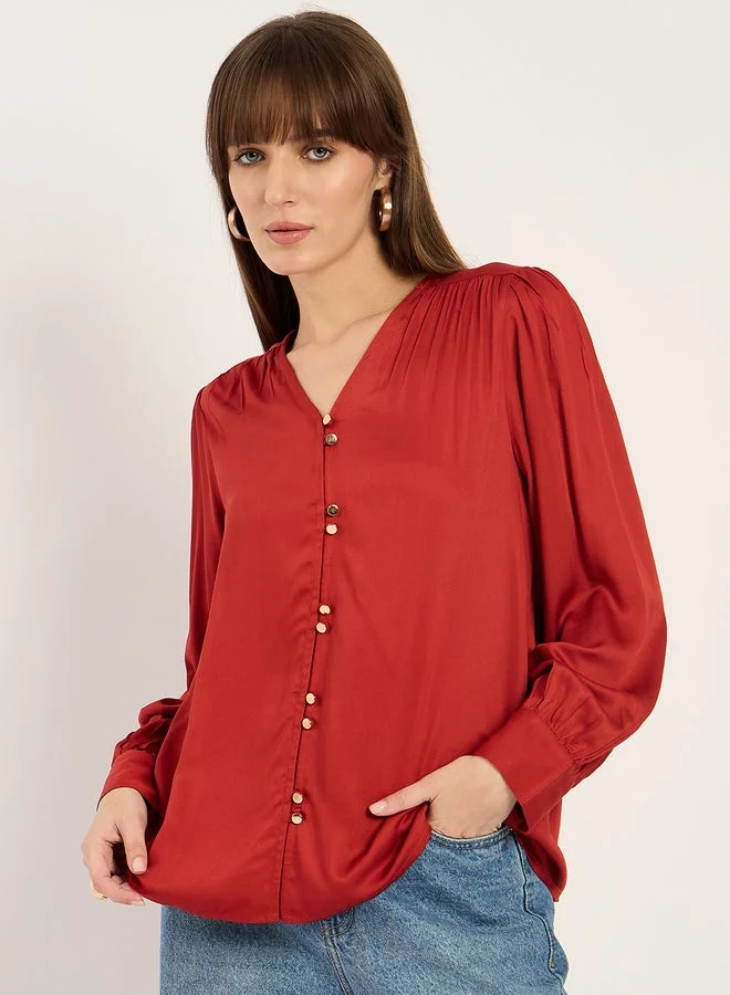 Femmella Rust Dual Button Detail V Neck Top